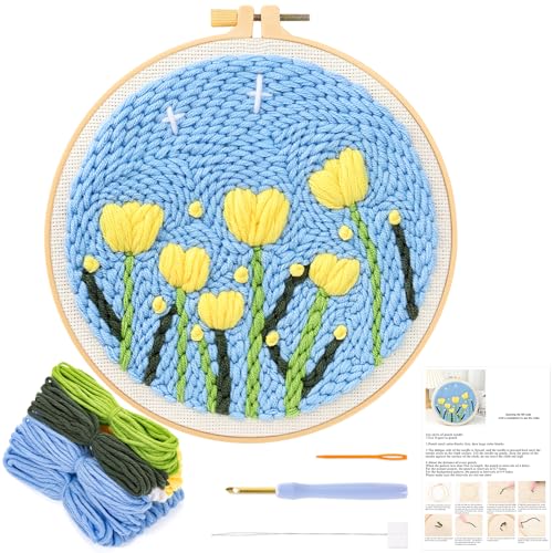 JSRQT Stanznadel Stickerei Starter Kit für Anfänger Erwachsene Kit Punch Needle Debutant Basteln Geschenk DIY Kit Broderie Debutant Embroidery Starter Kit Blumen und Pflanzen mit Instruction von JSRQT