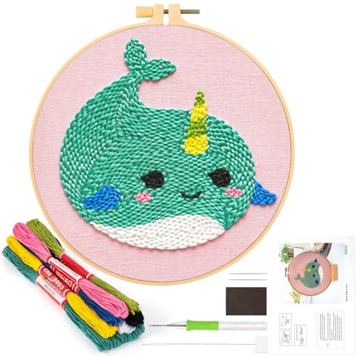 JSRQT Stanznadel Stickerei Starter Kit für Kinder Erwachsene,Punch Needle Stickerei Set für Anfänger,Punch Needle Anfänger Handarbeit Set mit Stoff,Fäden,Einfädelhilfe(Narwal) von JSRQT