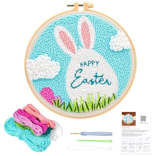 JSRQT Punch Needle Set Ostern Hase Ostereier Stanznadel Stickerei Starter Kit Kit Punch Needle Debutant Embroidery Starter Kit für Anfänger Erwachsene Kit Broderie Debutant DIY Stanznadel Stickrahmen von JSRQT