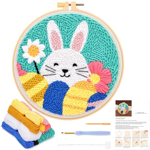 JSRQT Punch Needle Set Ostern Stanznadel Stickerei Starter Kit Hase Ostereier Kit Punch Needle Debutant Embroidery Starter Kit für Anfänger Erwachsene Kit Broderie Debutant DIY Stanznadel Stickrahmen von JSRQT