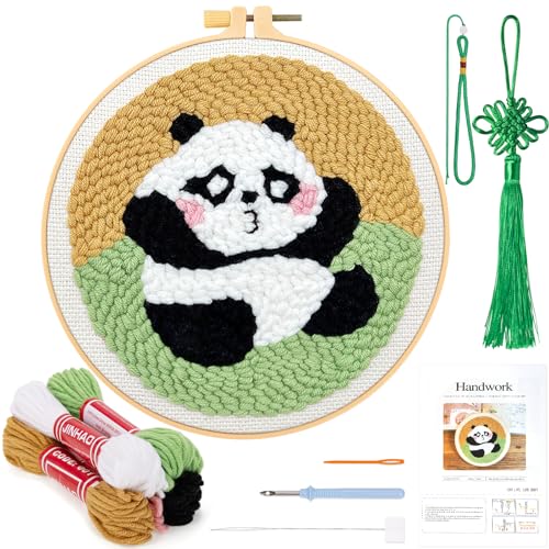 JSRQT Stanznadel Stickerei Starter Panda Kit Punch Needle Debutant für Anfänger Punch Needle Embroidery Starter Kit Broderie Debutant mit Instruction Stanznadelstoff Muster Set für Kinder Erwachsene von JSRQT