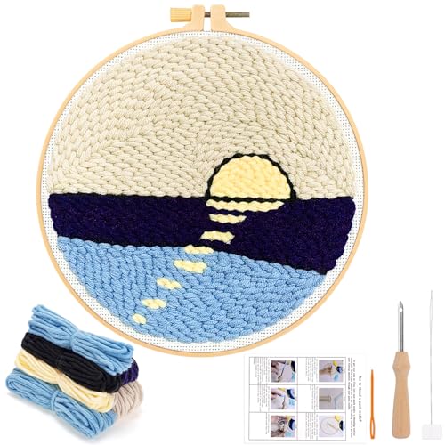 JSRQT Stanznadel Stickerei Starter Sonnenaufgang Kit Punch Needle Debutant für Kinder Erwachsene Anfänger Punch Needle Embroidery Starter Kit Broderie Debutant Stanznadelstoff Muster Set von JSRQT