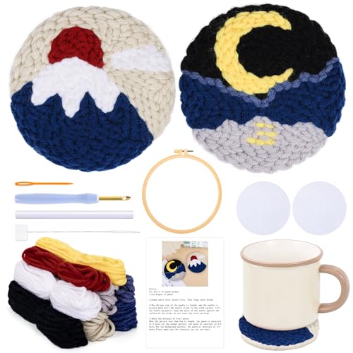 JSRQT Stanznadel Untersetzer Set, 2 Stück Punch Needle Stickerei Starter Kit mit Sonnen und Mond, Punch Needle Anfänger Kit für Kinder Erwachsene, Landschafts Punch Needle Coaster Kit mit Stickrahmen von JSRQT