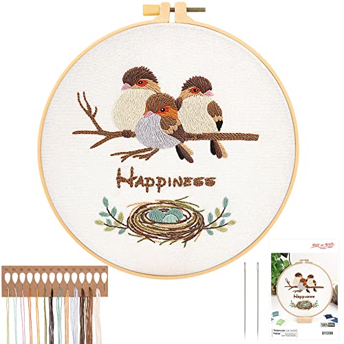 JSRQT Stick Starter Kit, Sticken Set für Erwachsene und Kinder, Gestempeltes Kreuzstichset, Handstickset mit Happiness Blumenmuster, Stickerei Werkzeug Set Stickgarn und Nadeln, Stickrahmen Anleitung von JSRQT