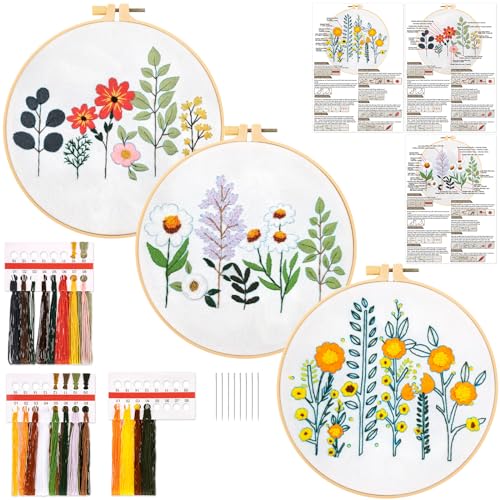 JSRQT 3 Stück Embroidery Set Stickerei Kit Blumenmuster Pflanzen Gestempeltes Stickerei Starter für DIY Kunst Handwerk Stickerei Stick Starter Kit Kreuzstich Cross Stitch Set für Anfänger Erwachsene von JSRQT