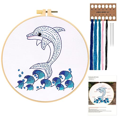 JSRQT Stickerei Stick Starter Kit Delfin Gestempelten Sticksets Embroidery Set für Anfänger Erwachsene Stickerei Kreuzstich Set DIY Handgemachte Cross Stitch Set für DIY Kunst Handwerk von JSRQT