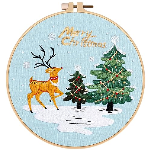 JSRQT Stickerei Stick Starter Kit Weihnachts Rentier Gestempelten Sticksets für DIY Kunst Embroidery Set Kreuzstich Kit Cross Stitch Kit für Anfänger Erwachsene Stickerei Tool Kit Stickset von JSRQT