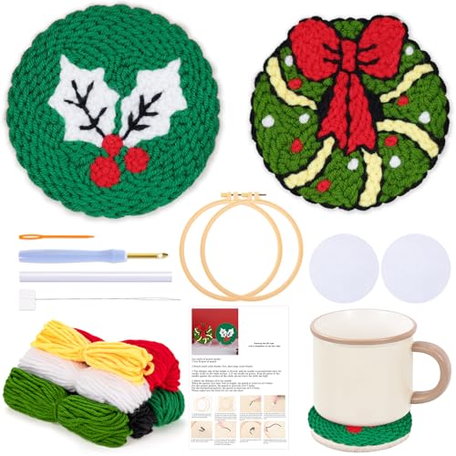 JSRQT Weihnachts Craft Punch Needle Untersetzer Kit Punch Needle Embroidery Starter Kit für Anfänger DIY Needle Punch Handwerk Stickerei Kit für Basteln Stickerei Coaster Kunst Handwerk (2 Stück) von JSRQT