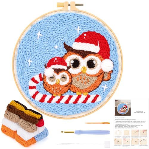 JSRQT Weihnachts Punch Needle Kit Anfänger, Stanznadel Stickerei Starter Set mit Weihnachts Eulen Muster für Erwachsene und Kinder, Handgefertigtes Kreuzstich Stickerei Set mit Punch Needle Werkzeug von JSRQT