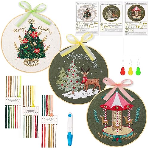 JSRQT Weihnachts Stickerei Kit, 3 Sets Stickset für Anfänger Erwachsene, Stickerei Starter Kit mit Weihnachtsmuster, Handgefertigte Sticksets Stickwerkzeug-Set mit Stickrahmen-Anleitung von JSRQT