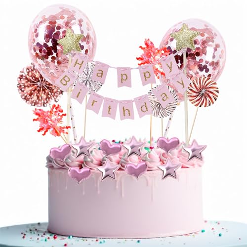 JSTC 20 Stück Tortendeko Rose Gold Happy Birthday Torten Deko Mädchen,Cake Topper Geburtstag Junge, Kuchendekoration Kuchendeko mit Sternen Liebe Konfetti Luftballons und Papierfächer. von JSTC