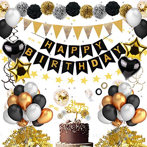 JSTC Geburtstagsdeko, Deko Geburtstag Mann, Happy Birthday Dekoration Schwarz Gold Luftballons Set mit Girlande Ballons Tischdeko Pom Poms Tortendeko Wimpel Spiral für Party. von JSTC