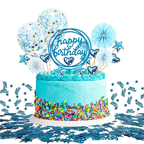 JSTC Tortendeko Blau, Happy Birthday Tortendeko Geburtstag Kuchen Deko Cake Topper Kuchendeko Torte Dekoration für Geburtstagsdeko Junge Kindergeburtstag Mann Frau Geburtstagstorte von JSTC