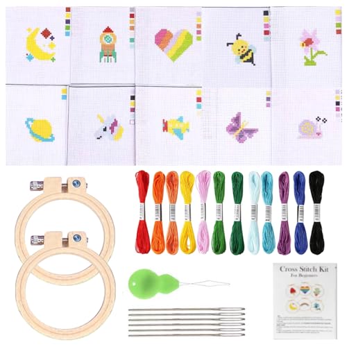 JSTHHTT 10 Stück Sticken Kinder, Stickset für Anfänger, Kreuzstich Set, mit 10 Kreuzstichmuster und 2 Stickrahmen, für DIY Kunst, Handwerk, Nähen von JSTHHTT