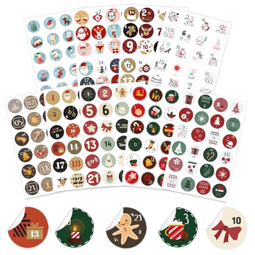 JSTHHTT 9 x 24 bunte Adventskalender Aufkleber, Adventskalenderzahlen Etiketten selbstklebend, Sticker für Kalender zum selber basteln für Weihnachten, für Adventskalender Basteln und Befüllen von JSTHHTT