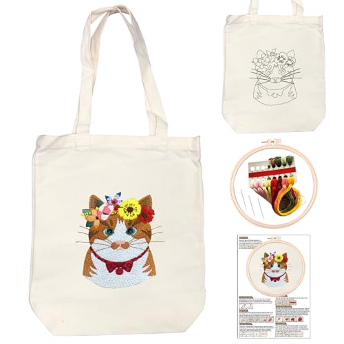 JSTHHTT Sticken Set Erwachsene, Stickpackung aus Segeltuch, Sticken Set für Anfänger, Sticktasche mit Blumenmuster, Leinen-Tragetasche weiß, Farbfäden und Werkzeug (Katze) von JSTHHTT