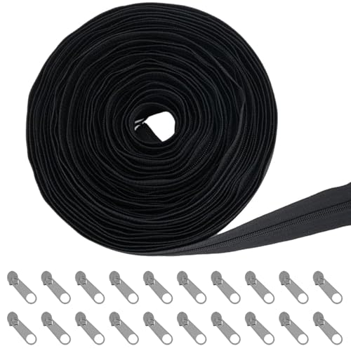Endlos Reißverschluss Schwarz mit Zipper 5mm 10 Yards Endlosreißverschluss mit 20 Reißverschlusszügen Nylon Reißverschlüsse für Bettwäsche Kleidung Tasche von JSUOEO