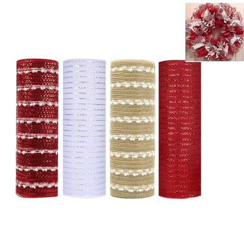 JStnana 4 Rollen Weihnachts-Deko-Mesh für die Kranzherstellung, 25,4 cm x 9,2 m pro Rolle, Metallfolie, Poly-Mesh-Bänder, Schneeball, rote Jute, weiß, Deko-Mesh-Handwerk für Weihnachten, Winter, von JStnana