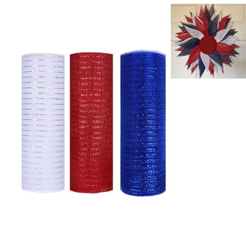 JStnana Deko-Mesh-Band für Kranzherstellung, 25,4 cm x 9,4 m, Metallfolie, Jute, Deko-Mesh-Stoff für den 4. Juli, patriotische Türkränze, Girlanden und Dekorieren, 3 Rollen in Rot, Weiß und Blau von JStnana