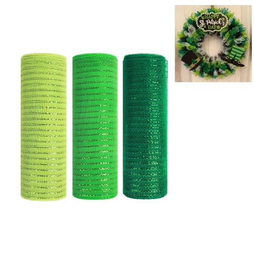 JStnana Grünes Deko-Mesh-Band für Kranzherstellung, 25,4 cm x 9,4 m, Metallfolie, Jute, Deko-Mesh-Stoff für Bastelarbeiten, St. Patricks, Frühlingstürkranz, Girlanden und Dekorieren, 3 Rollen von JStnana