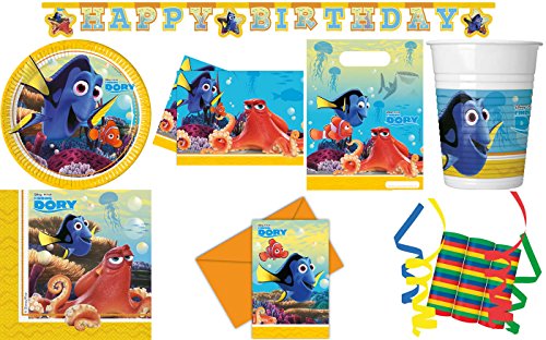 Findet Dorie Dory 53-teiliges Kindergeburtstag Party Deko Set Premium Motto Fete Feier 8 Teller 8 Becher 20 Serviette 1 Tischdecke 6 Einladungskarten 6 Partytüten 1 Partykette 3 Rollen Luftschlangen von JT-Lizenzen