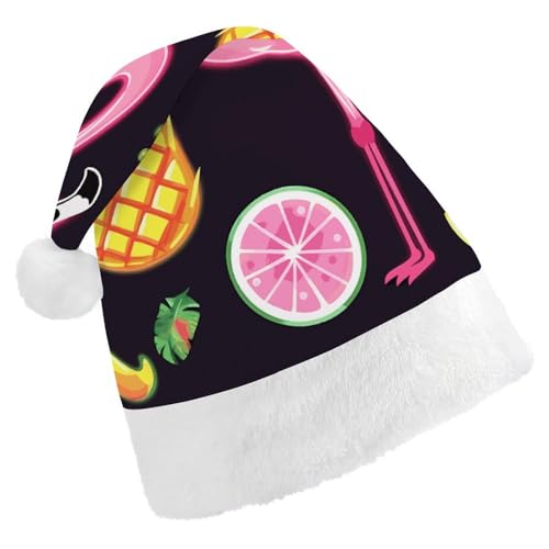 JTKBNVM Ananas Banane Flamingo Weihnachtsmütze für Damen Herren Nikolausmütze für Erwachsene Rote Mütze Kurzer Plüsch mit weißen Bündchen von JTKBNVM