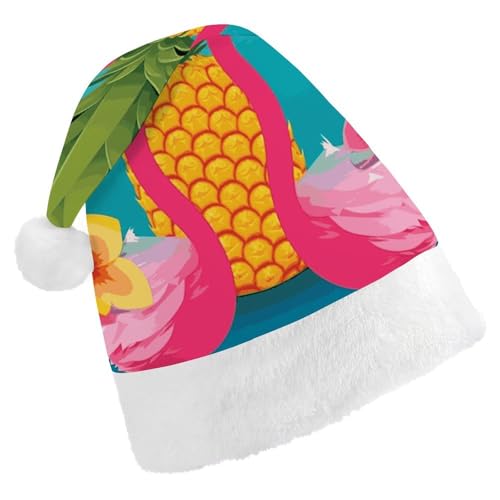 JTKBNVM Ananas Flamingo Weihnachtsmütze für Damen Herren Nikolausmütze für Erwachsene Rote Mütze Kurzer Plüsch mit weißen Bündchen von JTKBNVM