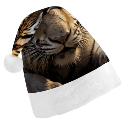 JTKBNVM Animal Tiger Weihnachtsmütze für Damen Herren Nikolausmütze für Erwachsene Rote Mütze Kurzer Plüsch mit weißen Bündchen von JTKBNVM