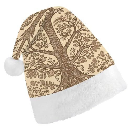 JTKBNVM Beige Stil Baum Weihnachtsmütze für Damen Herren Nikolausmütze für Erwachsene Rote Mütze Kurzer Plüsch mit weißen Bündchen von JTKBNVM