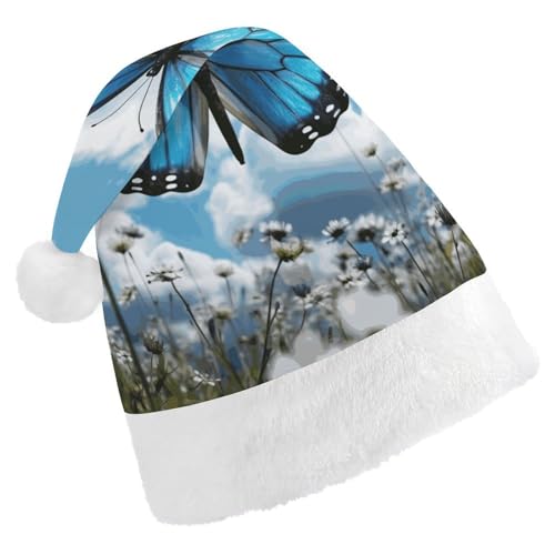 JTKBNVM Blauer Schmetterling und Wolken Weihnachtsmütze für Damen Herren Nikolausmütze für Erwachsene Rote Mütze Kurzer Plüsch mit weißen Bündchen von JTKBNVM