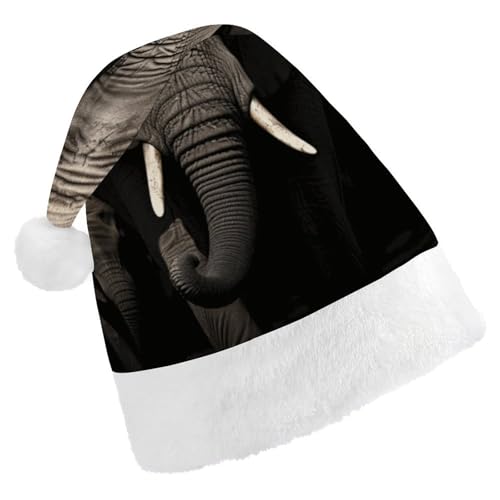 JTKBNVM Elefant Schwarze Weihnachtsmütze für Damen Herren Nikolausmütze für Erwachsene Rote Mütze Kurzer Plüsch mit weißen Bündchen von JTKBNVM