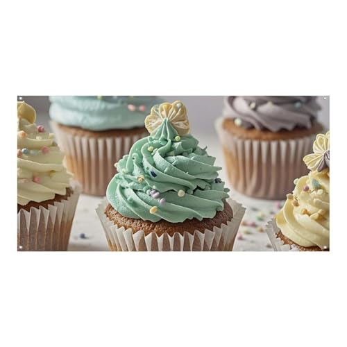 180,1 x 89,9 cm großer Cupcake-Druck, Festival-Banner, Hof-Banner, Weihnachtsdekoration, Partyzubehör, Urlaubshintergrund für drinnen und draußen, Garten von JTKLQBN