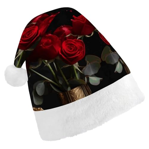 JTKLQBN Weihnachtsmütze für Erwachsene, niedlich serviert mit frischen roten Rosen, bedruckte Weihnachtsmütze für Erwachsene, Weihnachtsmützen für Frauen und Männer, Unisex, Neujahrsgeschenke von JTKLQBN