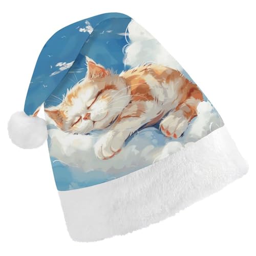 JTKLQBN Weihnachtsmütze für Erwachsene, niedliche Katze schläft auf den Wolken, bedruckte Weihnachtsmannmütze für Erwachsene, Weihnachtsmützen für Damen und Herren, Unisex, Neujahrsgeschenke von JTKLQBN