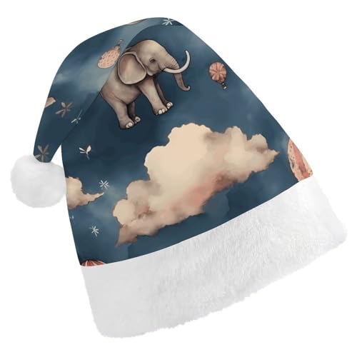 JTKLQBN Weihnachtsmütze für Erwachsene, niedlicher Elefant und Ballon, bedruckte Weihnachtsmannmütze für Erwachsene, Weihnachtsmützen für Damen und Herren, Unisex, Neujahrsgeschenke von JTKLQBN