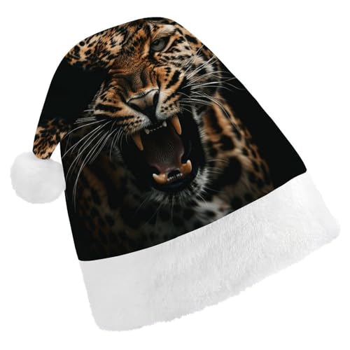 JTKLQBN Weihnachtsmütze für Erwachsene, niedlicher Leopard zeigt Zähne, bedruckte Weihnachtsmannmütze für Erwachsene, Weihnachtsmützen für Damen und Herren, Unisex, Neujahrsgeschenke von JTKLQBN