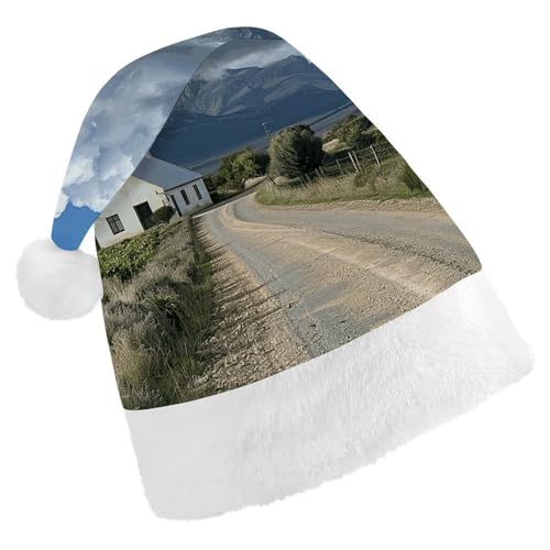 JTKLQBN Weihnachtsmütze für Erwachsene, niedliches weißes Bauernhaus-Bild bedruckt, Weihnachtsmannmütze für Erwachsene, Weihnachtsmützen für Damen und Herren, Unisex, Neujahrsgeschenke von JTKLQBN