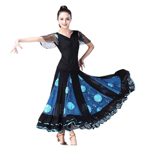 JTKSSCS Ballsaal Tanzkleid Moderner Tanz, Gesellschaftstanz, großes Swingkleid, kurzärmliges Tanzkostüm mit floralem Netzstoff(Blue,4XL) von JTKSSCS