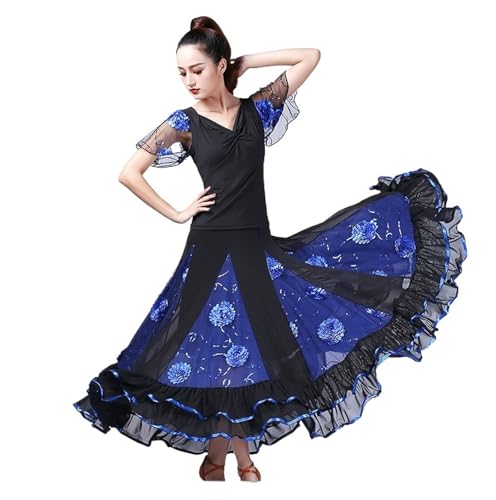 JTKSSCS Ballsaal Tanzkleid Moderner Tanz, Gesellschaftstanz, großes Swingkleid, kurzärmliges Tanzkostüm mit floralem Netzstoff(Blue1,4XL) von JTKSSCS