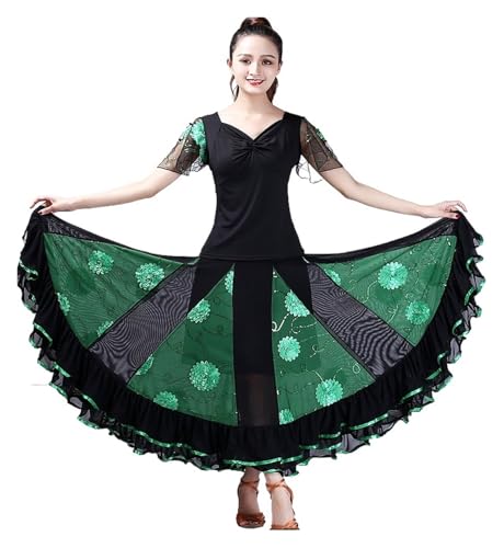 JTKSSCS Ballsaal Tanzkleid Moderner Tanz, Gesellschaftstanz, großes Swingkleid, kurzärmliges Tanzkostüm mit floralem Netzstoff(Green,XL) von JTKSSCS