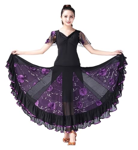 JTKSSCS Ballsaal Tanzkleid Moderner Tanz, Gesellschaftstanz, großes Swingkleid, kurzärmliges Tanzkostüm mit floralem Netzstoff(Purple,4XL) von JTKSSCS