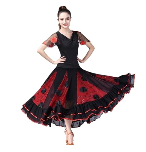 JTKSSCS Ballsaal Tanzkleid Moderner Tanz, Gesellschaftstanz, großes Swingkleid, kurzärmliges Tanzkostüm mit floralem Netzstoff(Red,4XL) von JTKSSCS