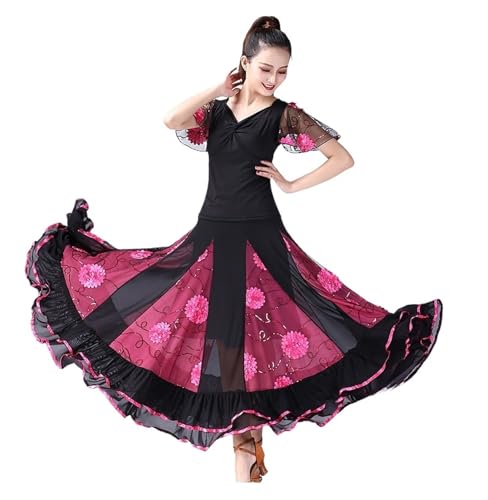 JTKSSCS Ballsaal Tanzkleid Moderner Tanz, Gesellschaftstanz, großes Swingkleid, kurzärmliges Tanzkostüm mit floralem Netzstoff(Red1,XL) von JTKSSCS