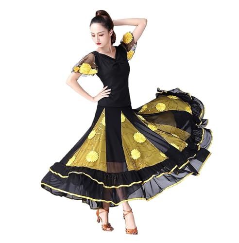 JTKSSCS Ballsaal Tanzkleid Moderner Tanz, Gesellschaftstanz, großes Swingkleid, kurzärmliges Tanzkostüm mit floralem Netzstoff(Yellow,4XL) von JTKSSCS