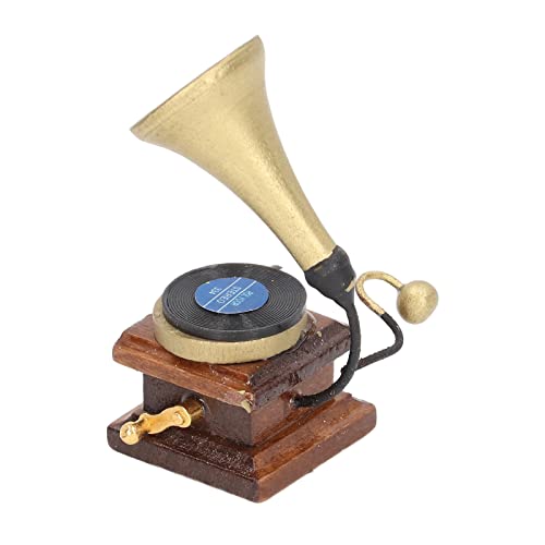 Mini-Puppenhaus-Retro-Grammophon, Handgefertigter Phonograph aus Birkenholz für Puppenhaus-Miniaturmöbel, mit Schallplatte von JTLB