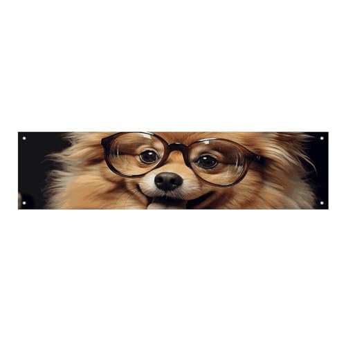 Großes Banner, personalisiertes Banner, Zwergspitz, Hund mit Brille, Partyschilder, 300D-Polyester, für drinnen und draußen, blanko, Banner mit vier runden Metalllöchern, Banner für Party-Dekoration von JTMVNKG