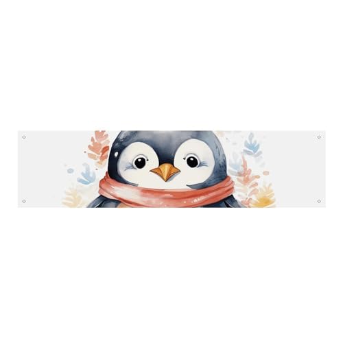 Großes Banner, personalisiertes Banner, niedliches Cartoon-Pinguin-Partyschild, 300D-Polyester, für drinnen und draußen, blanko, Banner mit vier runden Metalllöchern, Banner für Party-Dekoration von JTMVNKG