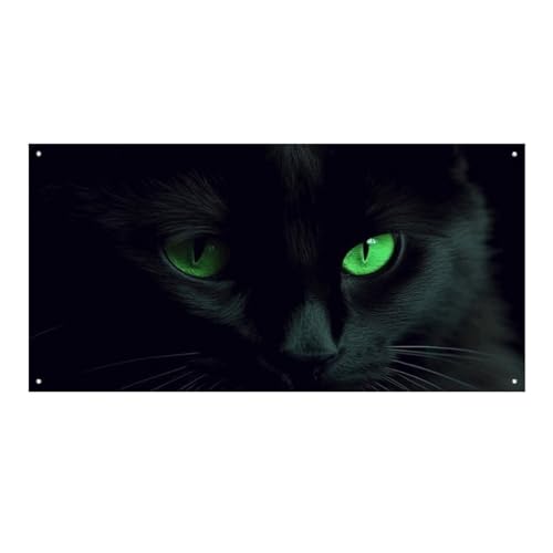 Großes Banner, personalisiertes Banner, schwarze Katze, grüne Augen, Partyschilder, 300D-Polyester, für drinnen und draußen, blanko, Banner mit vier runden Metalllöchern, Banner für Party-Dekoration von JTMVNKG