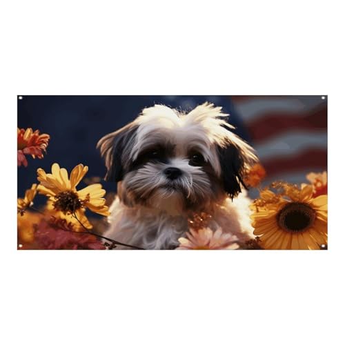 Großes Banner, personalisiertes Banner mit Shih Tzu Hund und Blumen, Partyschilder, 300D Polyester, für drinnen und draußen, Banner, blanko, Banner mit vier runden Metalllöchern, Banner für von JTMVNKG