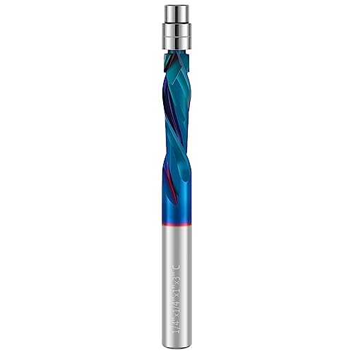 JTNero Downcut Spiralbündiger Frässtift 1/4 Zoll Schaft Hartmetall Bündigfräser mit Nano Blau beschichtetem Holzbearbeitungsfräser für Sperrholz, Hartholz von JTNero